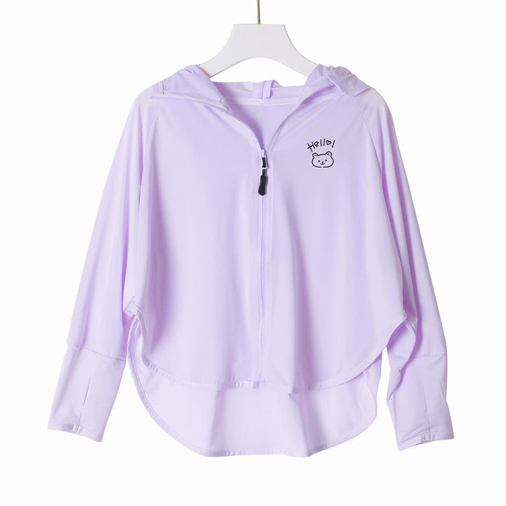 Damen nan leichte Kapuzen-Sonnenschutzjacke mit durchgehendem Reißverschluss, hohem Rückensaum und niedlichem Bärenprint  Drune
