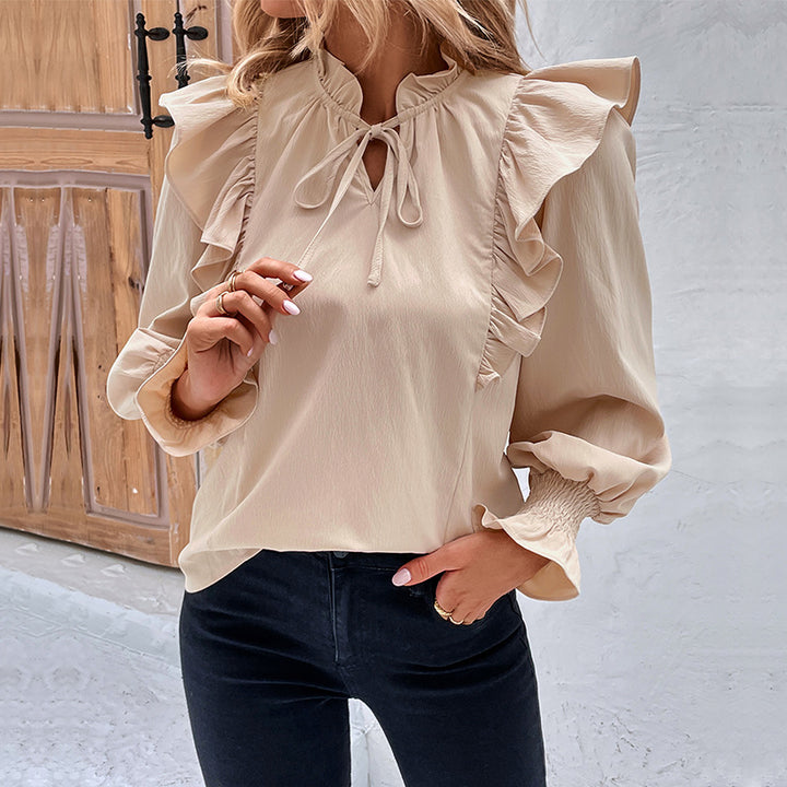 Damen Bluse mit Rüschendetails und Schleifen-Ausschnitt Drune