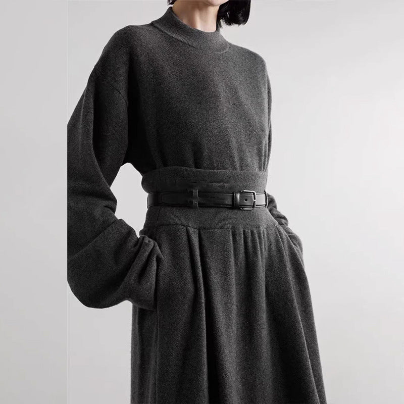 Damen eleganter Strickkleid mit Taillengürtel Drune