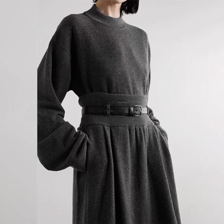 Damen eleganter Strickkleid mit Taillengürtel Drune