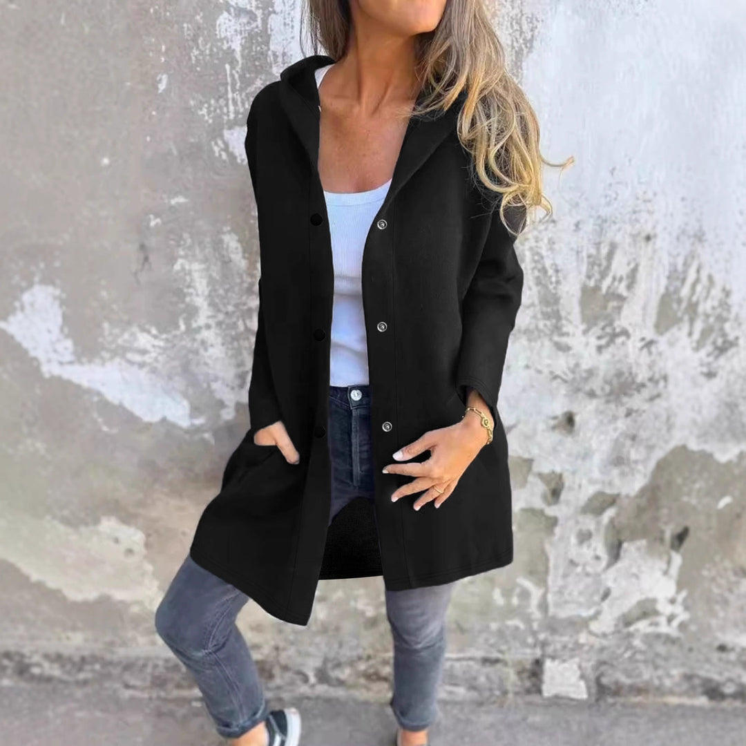 Damen Lässige Jacke mit Kapuze und Knopfverschluss Drune
