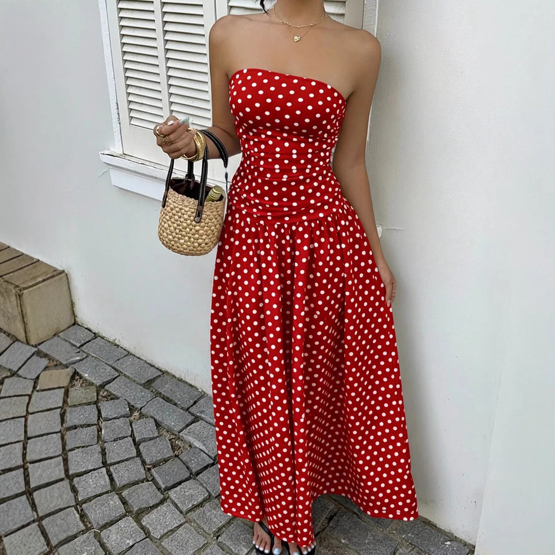 Damen Maxikleid mit trägerlosem Design und Punktmuster Drune