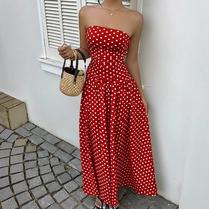 Damen Maxikleid mit trägerlosem Design und Punktmuster Drune