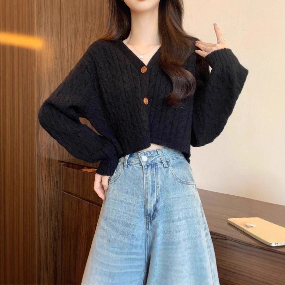 Damen kuscheliger Strickcardigan mit V-Ausschnitt und großen Knöpfen Drune