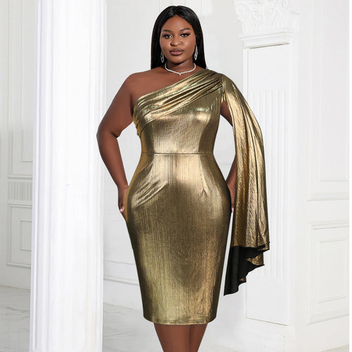 Damen Elegantes Ein-Schulter Kleid mit glänzender Stoffstruktur Drune