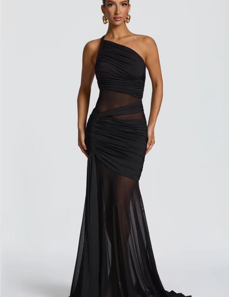 Damen elegantes asymmetrisches Abendkleid mit raffinierten Rüschendetails Drune