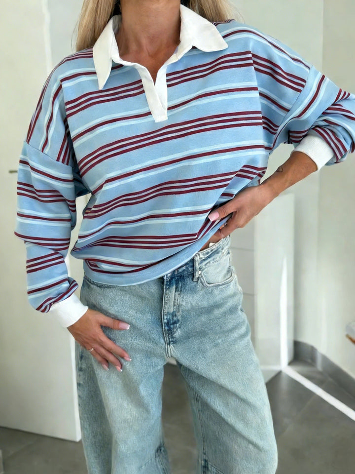 Damen Lässiger Polo-Sweater mit Streifenmuster und weitem Schnitt Drune