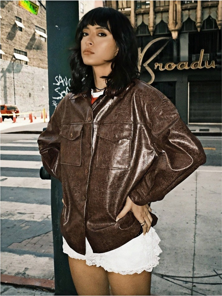 Damen Kunstleder Overshirt Drune
