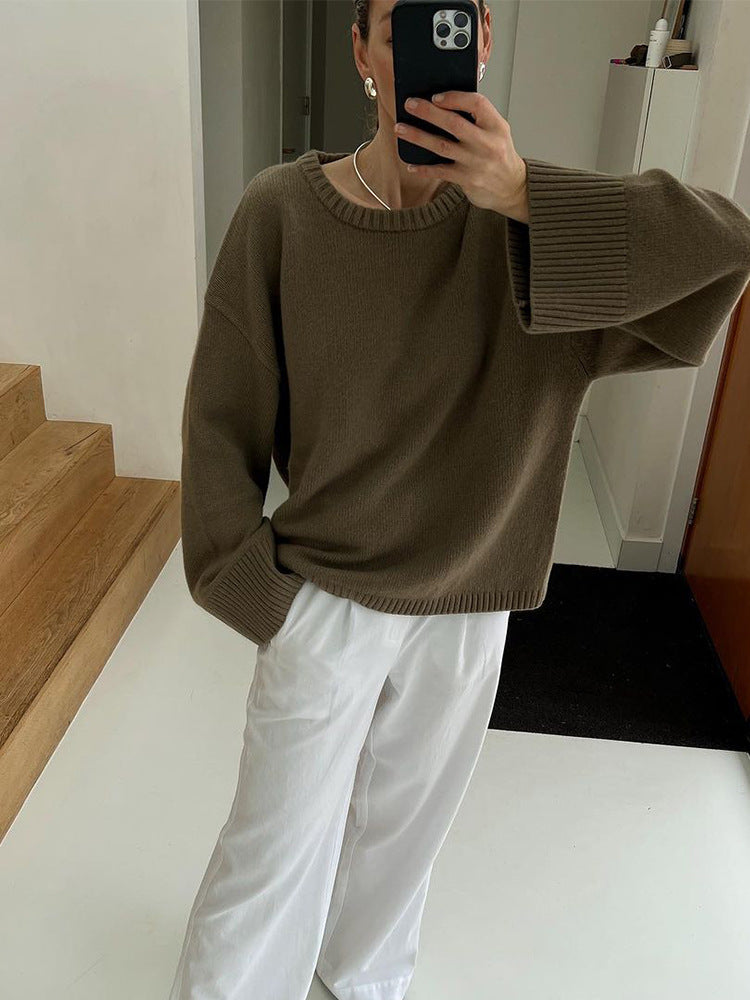 Damen lässiger Strickpullover mit weiten Ärmeln Drune