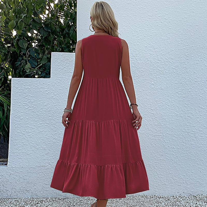 Damen luftiges Maxikleid mit Knopfdetails und Rüschensaum Drune
