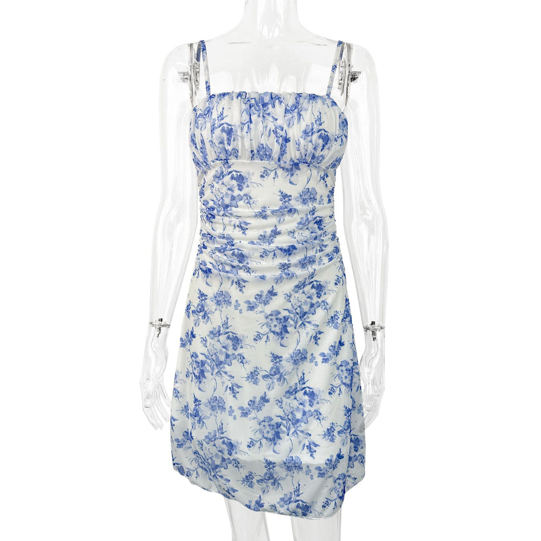 Damen Sommerliches Blumenkleid mit Spaghetti-Trägern und Raffungen Drune
