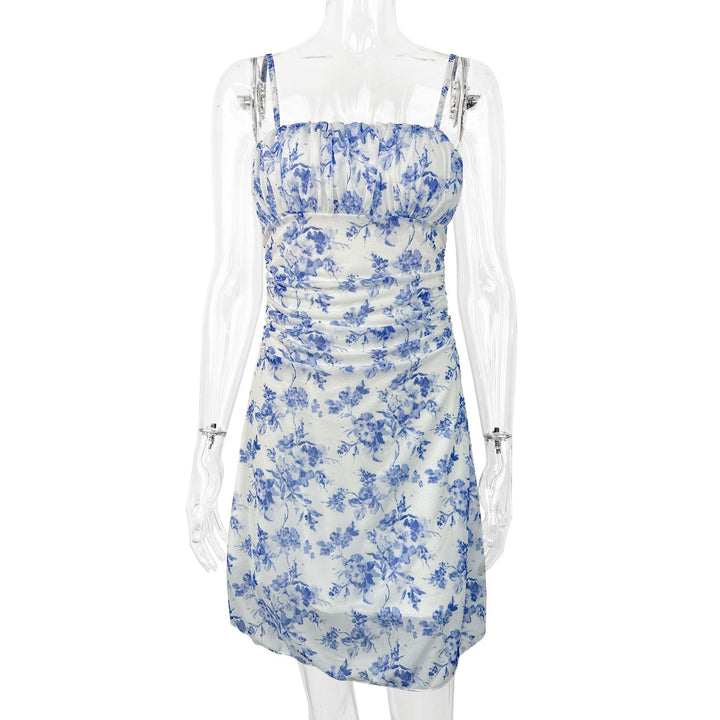 Damen Sommerliches Blumenkleid mit Spaghetti-Trägern und Raffungen Drune