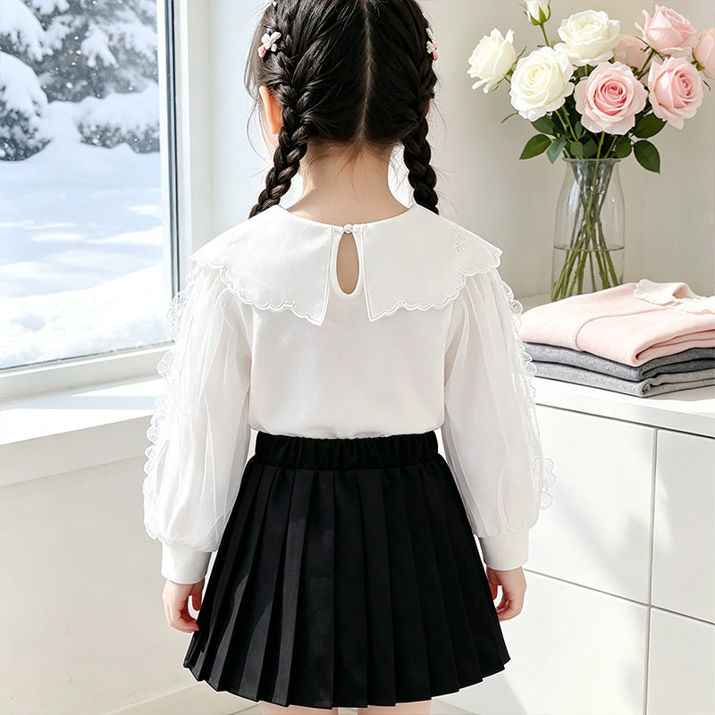 Mädchen elegante Bluse mit verzierter Rückenöffnung und Tüllärmeln Drune