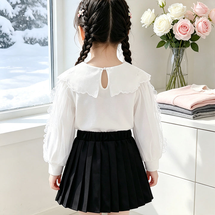 Mädchen elegante Bluse mit verzierter Rückenöffnung und Tüllärmeln Drune