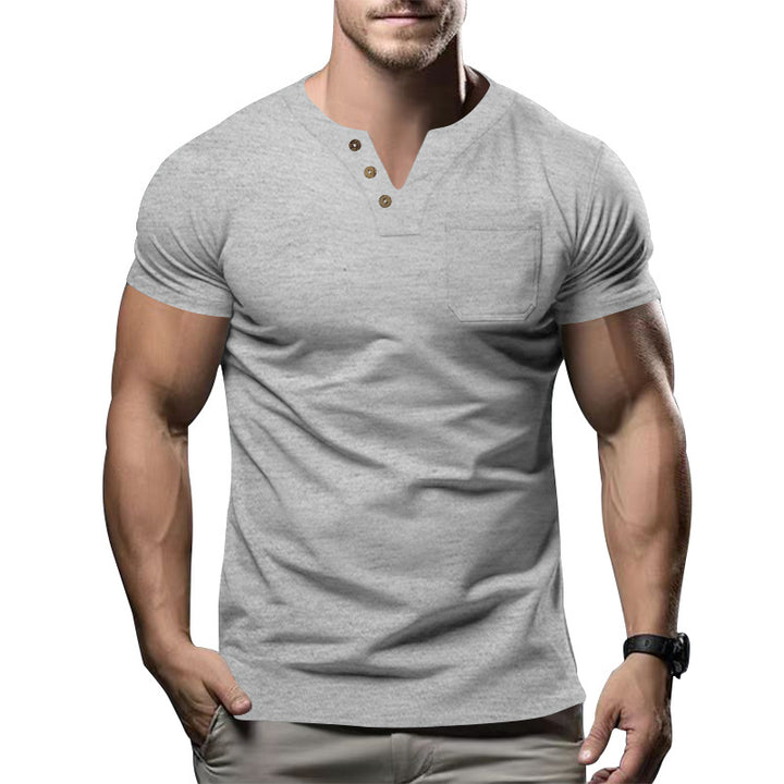 Herren nan körperbetontes Baumwollstretch-Kurzarmshirt mit Split-V-Ausschnitt dekorativer Knopfleiste und Brusttasche Drune