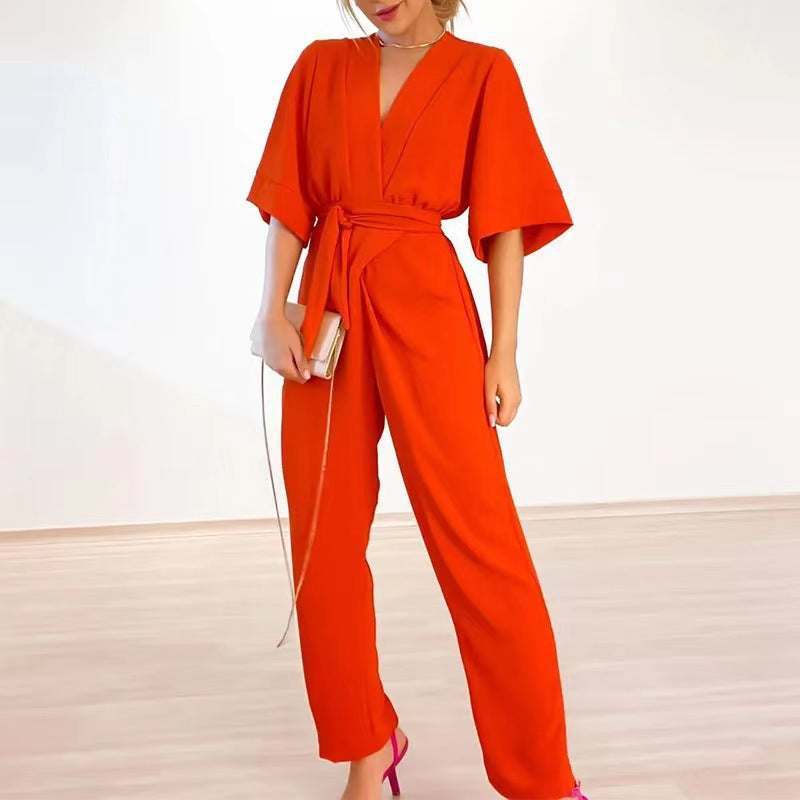 Damen eleganter Jumpsuit mit tailliertem Design und schickem V-Ausschnitt Drune