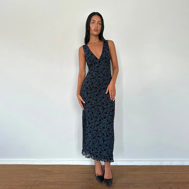Damen Maxikleid mit tiefem V-Ausschnitt und floralem Spitzenmuster Drune