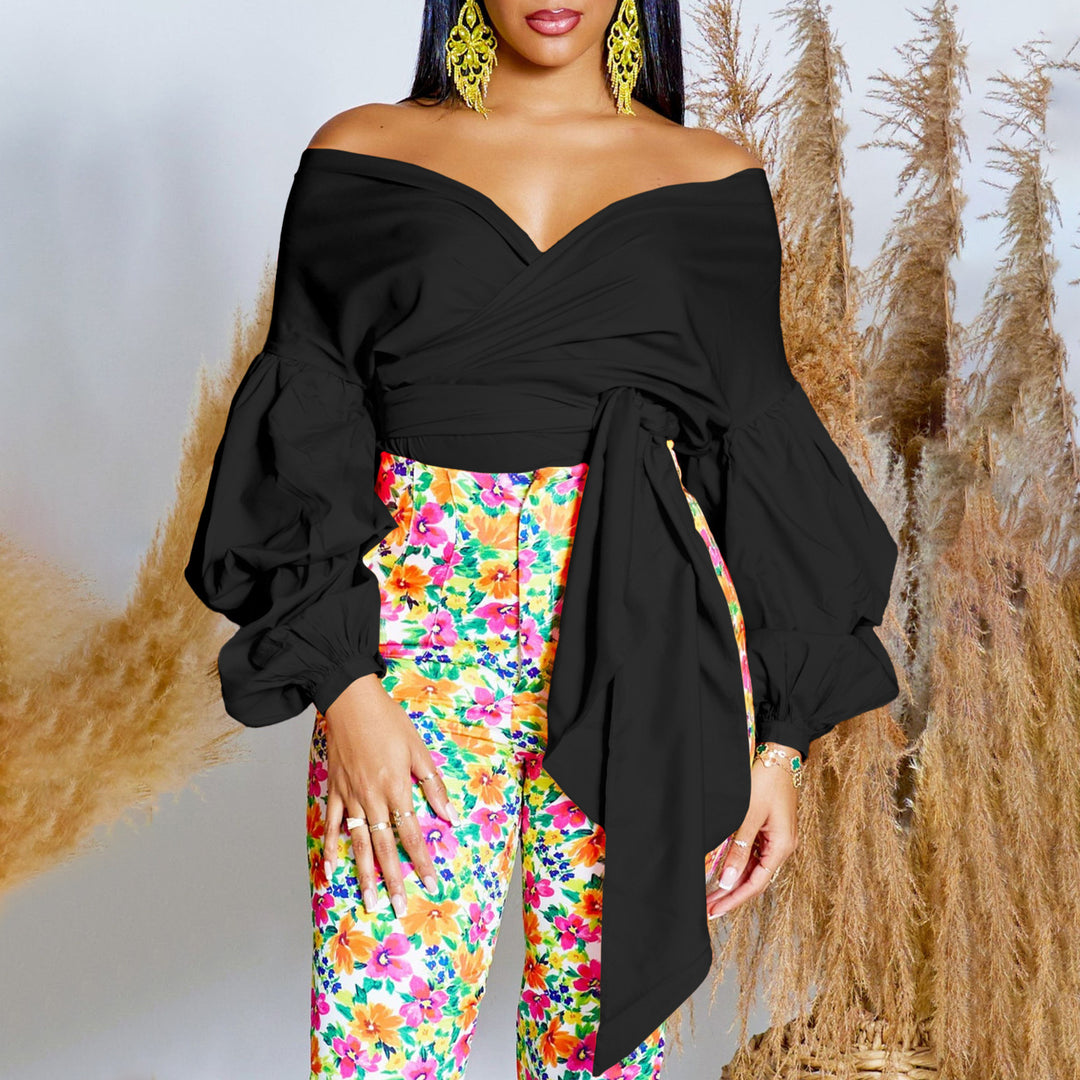Damen Wickelbluse mit voluminösen Ärmeln und eleganter Schleifenbindung Drune