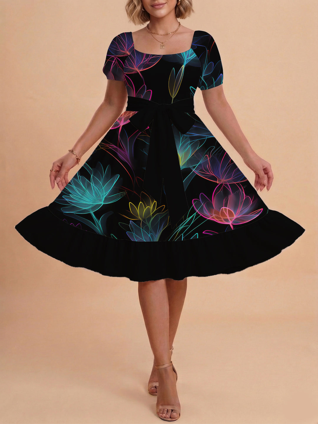 Damen Sommerkleid mit floralem Puffärmel und taillierbarem Gürtel Drune