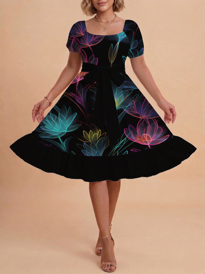 Damen Sommerkleid mit floralem Puffärmel und taillierbarem Gürtel Drune
