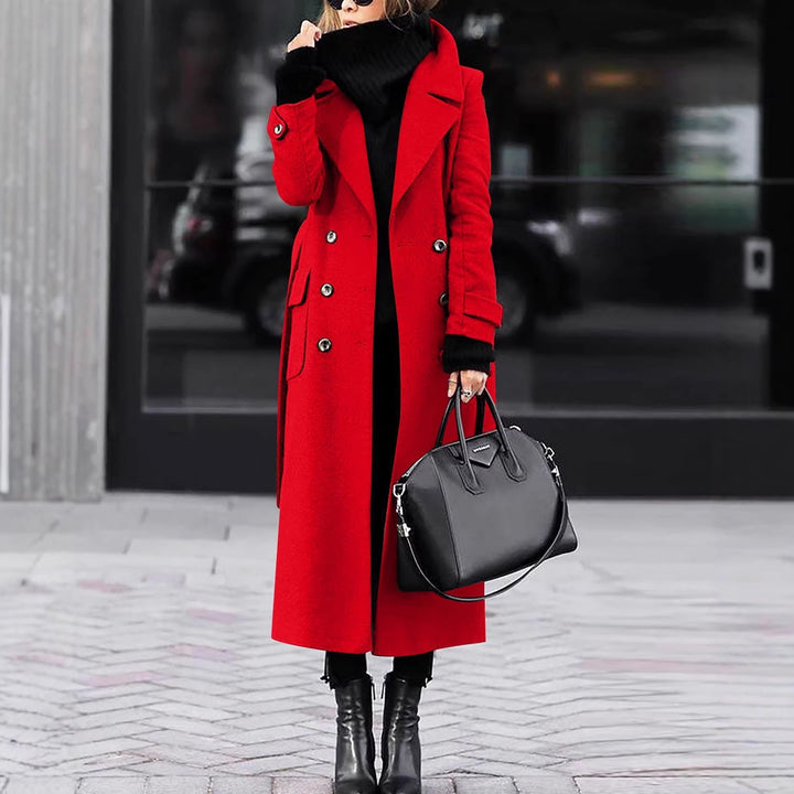 Damen nan eleganter Maxi-Wollmixmantel mit doppelreihiger Knopfleiste, weitem Reverskragen und aufgesetzten Taschenklappen Drune