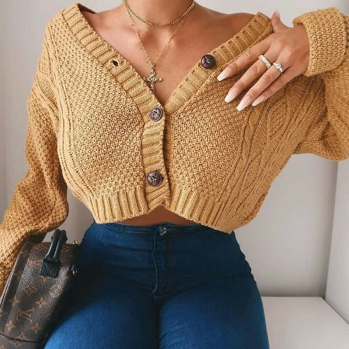 Damen cropped Strickjacke mit Knopfdetails Drune