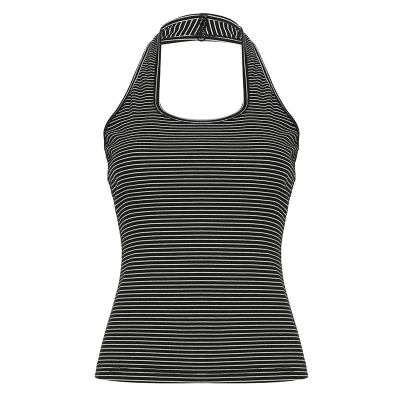 Damen Sportliches Haltertop mit breitem Kragen und feinen Streifen Drune