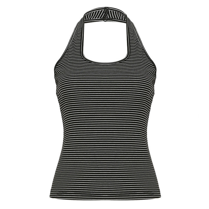 Damen Sportliches Haltertop mit breitem Kragen und feinen Streifen Drune