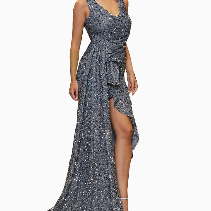 Damen Elegantes Pailletten-Abendkleid mit asymmetrischem Schnitt und seitlichem Schlitz Drune