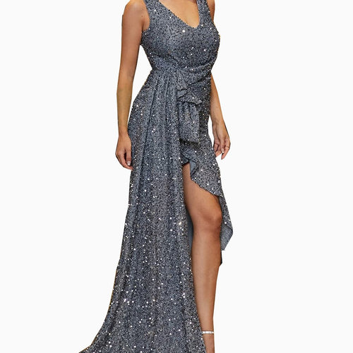 Damen Elegantes Pailletten-Abendkleid mit asymmetrischem Schnitt und seitlichem Schlitz Drune