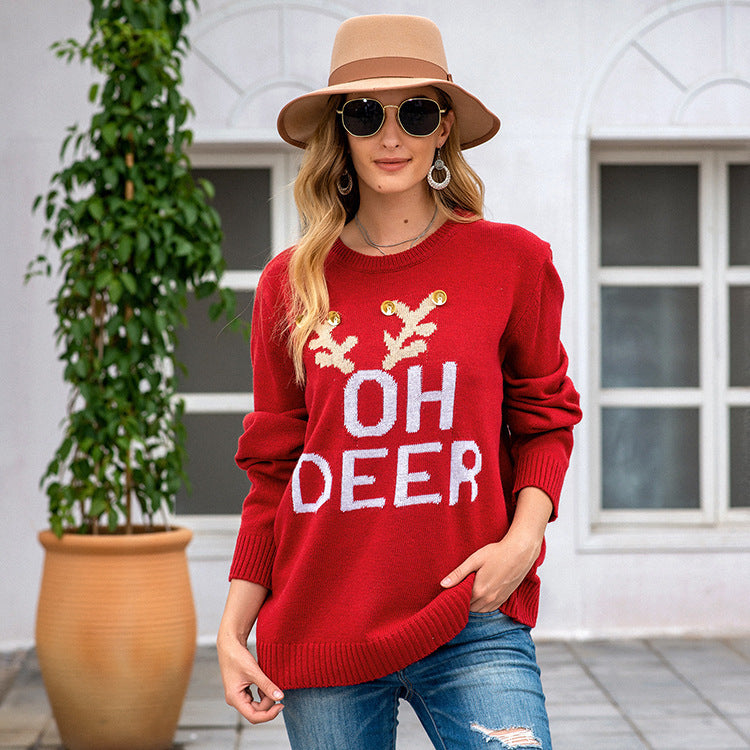 Damen Weihnachtspullover mit festlichem Rentier-Design und Knopfdetails Drune