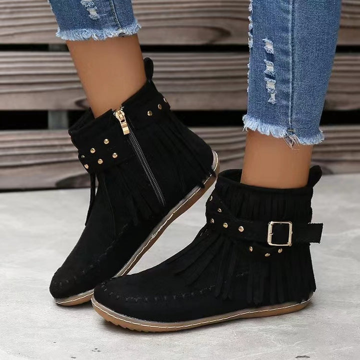 Damen nan Fransen-Ankleboots mit Zierösen, Seitenschlitz-Reißverschluss und Dekor-Schließe Drune