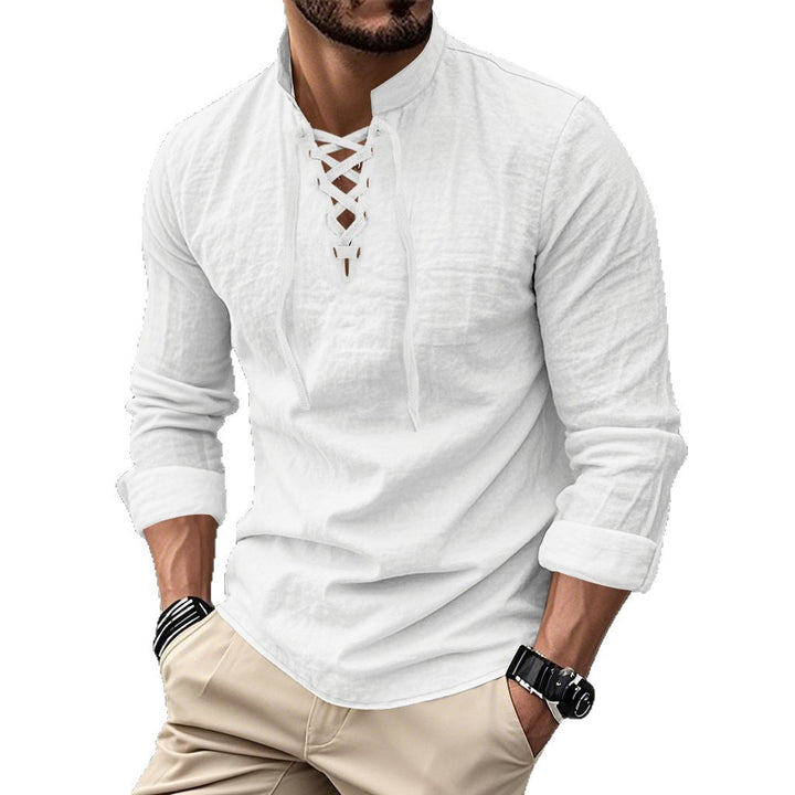 Herren nan Leinenoptik Langarmshirt mit Schnürung V-Ausschnitt und Stehkragen Drune