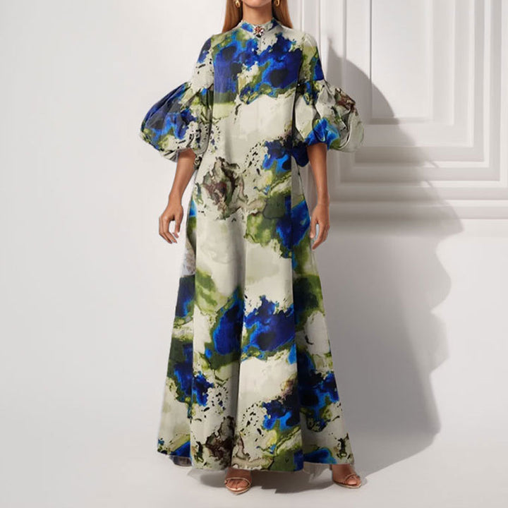 Damen Maxi-Kleid mit Volantärmeln und abstraktem Muster Drune