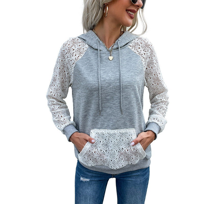 Damen Hoodie mit Spitzenärmeln und praktischer Kängurutasche Drune