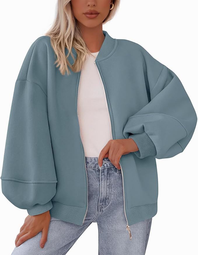 Damen Oversized Bomberjacke mit Reißverschluss und elastischen Bündchen Drune