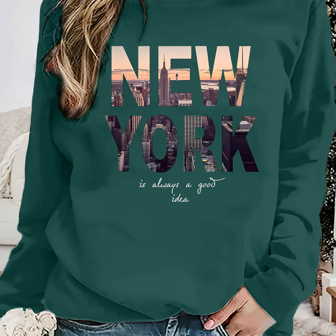 Damen Sweatshirt mit kreativem New York Skyline Druck und gemütlichem Schnitt Drune