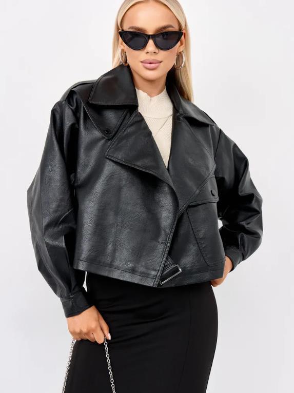 Damen Cropped Bikerjacke aus Kunstleder mit oversized Schnitt und strukturierten Details Drune
