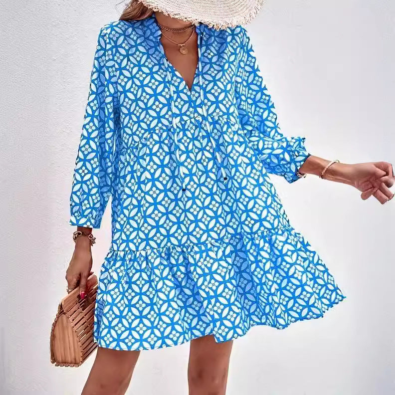 Damen Boho-Style Sommerkleid mit fließendem Schnitt und Rüschendetails Drune
