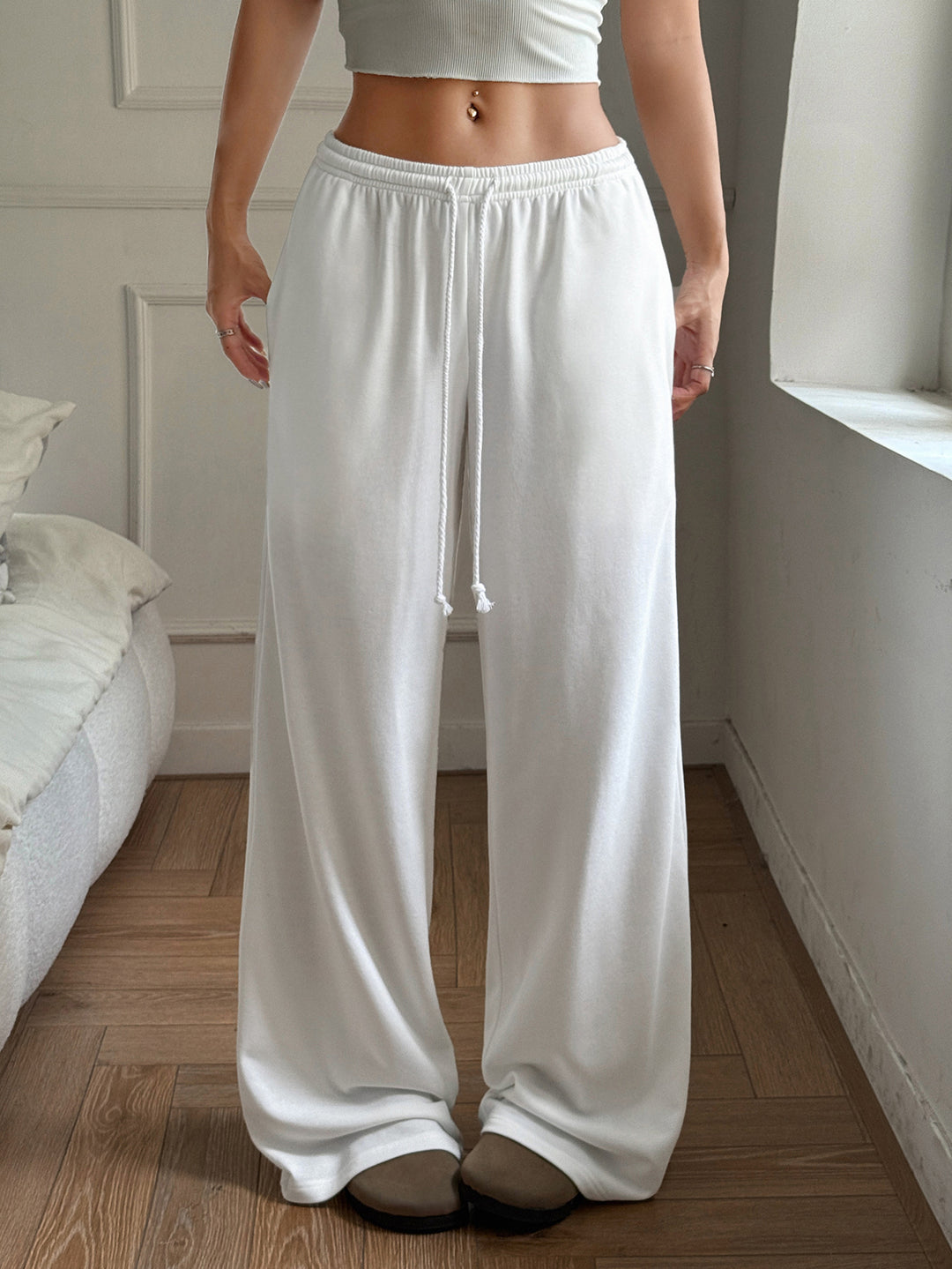 Damen entspannte Palazzo-Hose mit elastischem Bund und praktischen Seitentaschen Drune