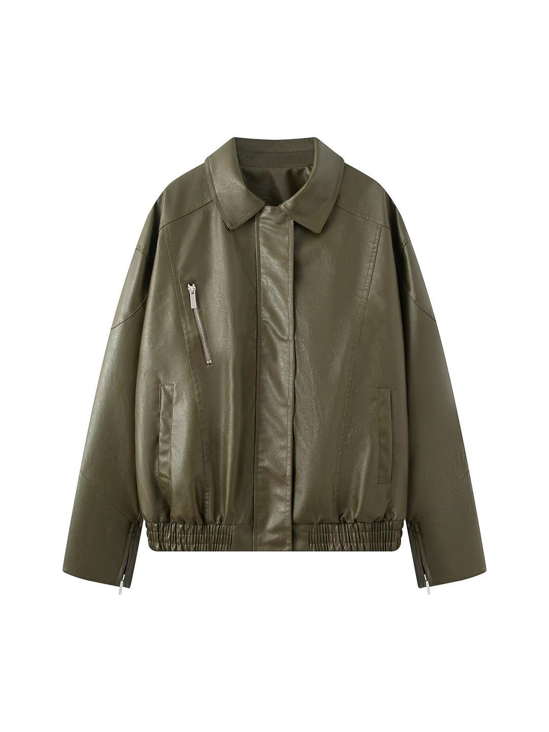 Damen modische Kunstlederjacke mit modernem Stehkragen und elastischem Saum Drune