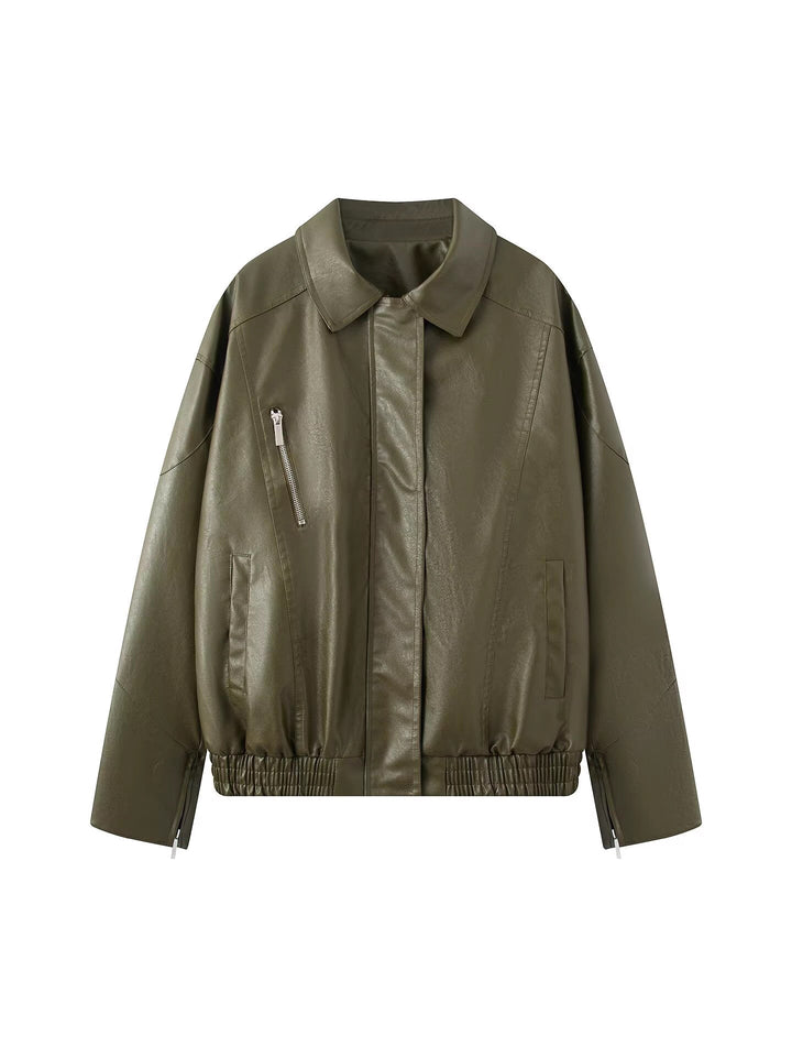 Damen modische Kunstlederjacke mit modernem Stehkragen und elastischem Saum Drune