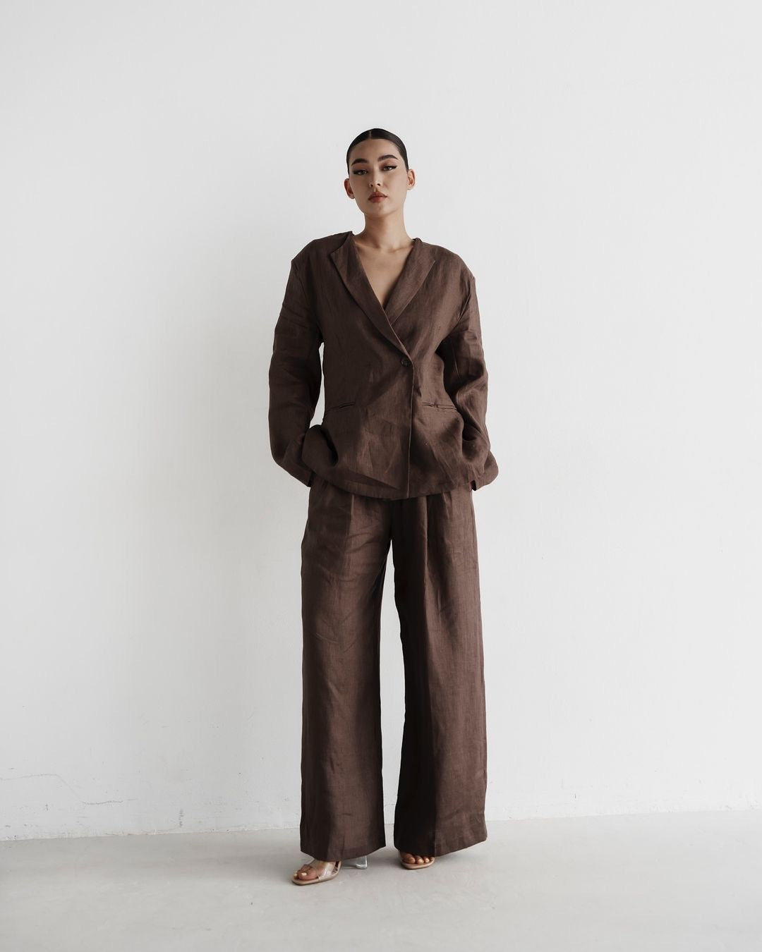 Damen elegantes Leinenanzug-Set mit langärmliger Jacke und weitem Schnitt Drune