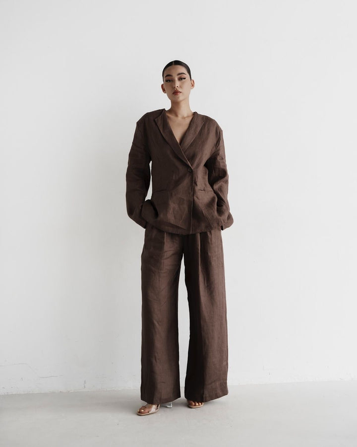 Damen elegantes Leinenanzug-Set mit langärmliger Jacke und weitem Schnitt Drune