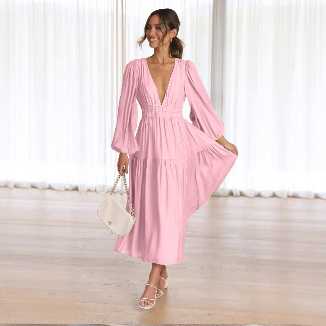Damen Langarm Maxikleid mit tiefem V-Ausschnitt und weitem Rock Drune