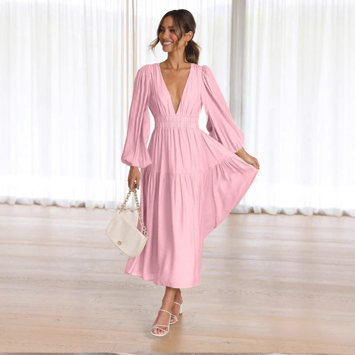 Damen Langarm Maxikleid mit tiefem V-Ausschnitt und weitem Rock Drune
