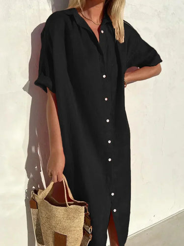 Drune | Knopfkleid mit Weitem Ausschnitt und Schmalen Ärmeln, Elegant und Locker, für Frauen Baumwoll- und Leinenkleider