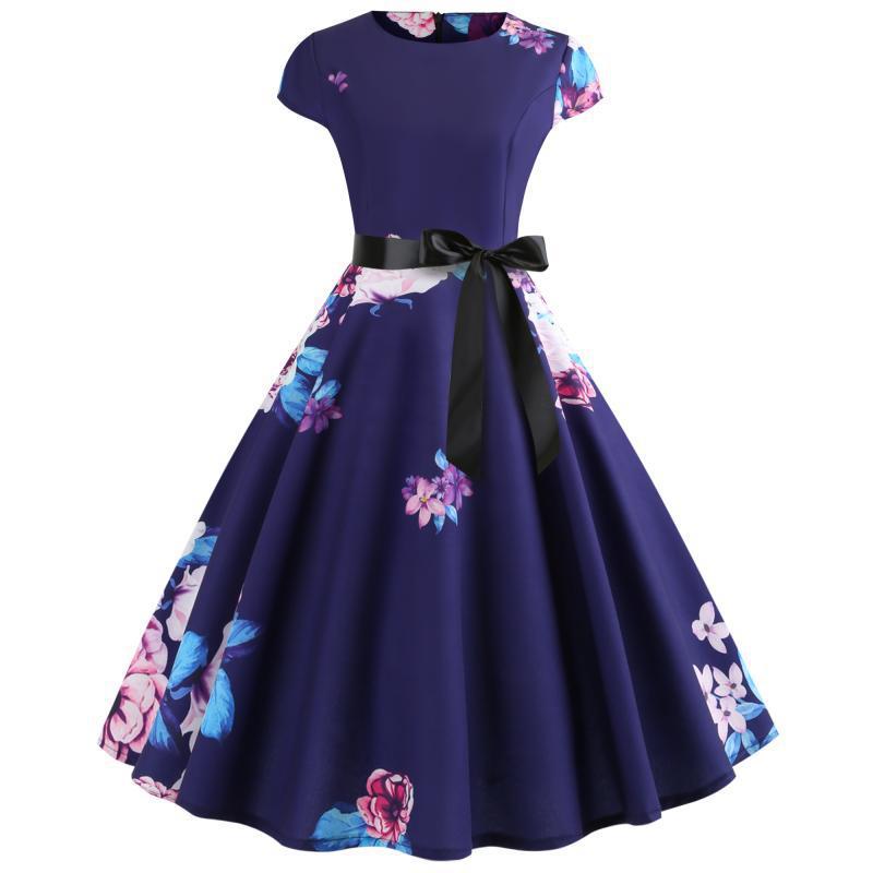 Damen Rundhals Midi-Kleid mit floralem Design und schwingendem Rock Drune