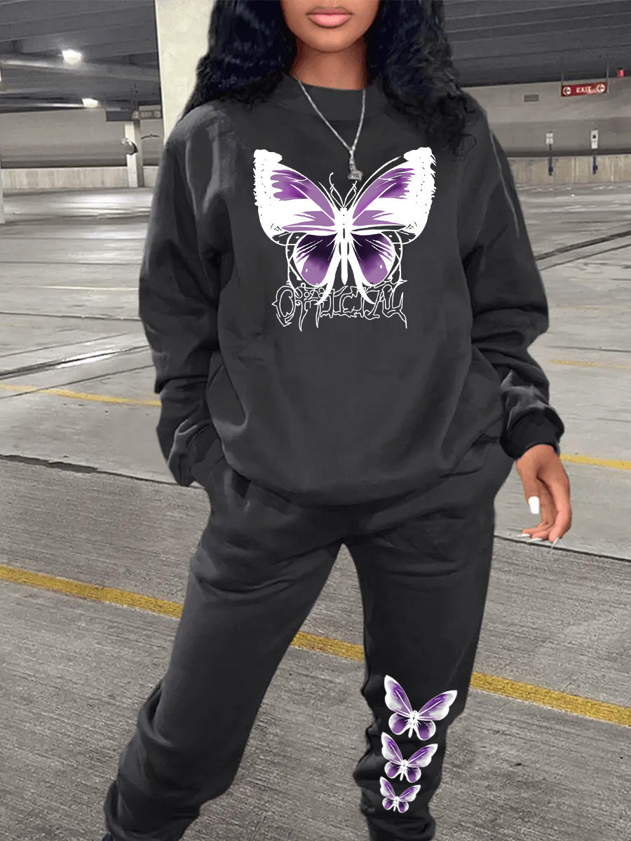 Damen Sweatshirt und Jogginghose Set mit kreativem Schmetterlingsdesign Drune