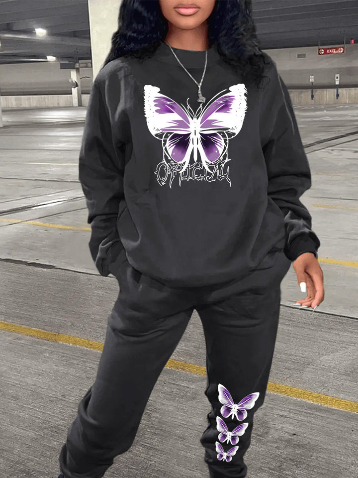 Damen Sweatshirt und Jogginghose Set mit kreativem Schmetterlingsdesign Drune